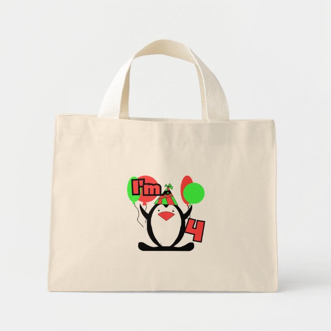 Mini Tote Bag Penguin I'm 4 Anniversaire T-shirts et cadeaux (Devant)