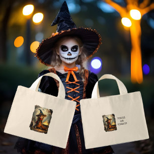 Mini Tote Bag Petite sorcière mignonne dans la forêt avec un cha