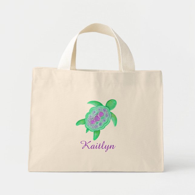 Mini Tote Bag Sacoche de nom pour les coeurs de tortues violette (Devant)