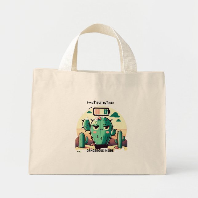Mini Tote Bag Sarcastic Cactus with Low Battery (Devant)