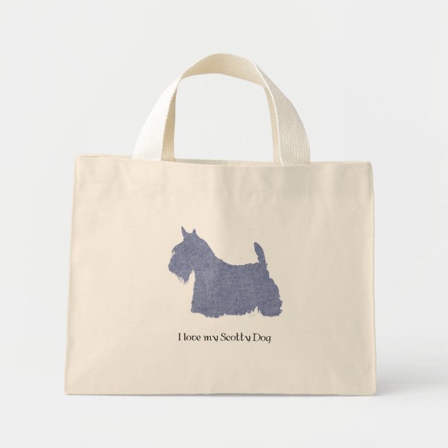 Mini Tote Bag Silhouette de Terrier Écossais en Denim (Devant)