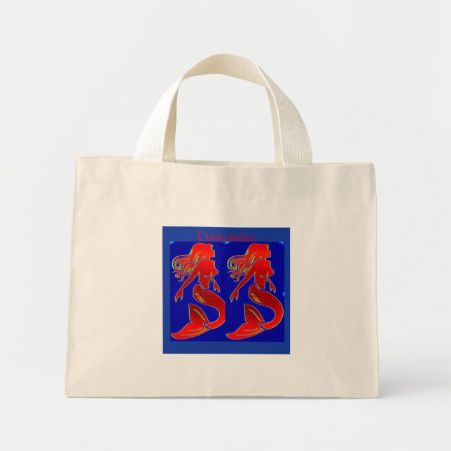 Mini Tote Bag sirènes rouges sur bleu (Devant)