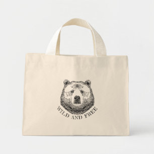 Mini Tote Bag Tête D'Ours, Sauvage Et Libre, Illustration Dessin