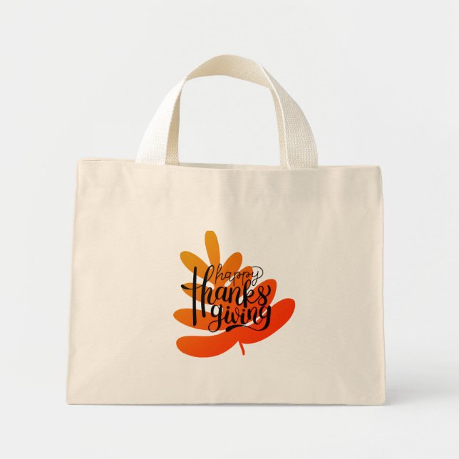 Mini Tote Bag Typographie De L'Action De Grâce Avec Feuille D'Au (Devant)