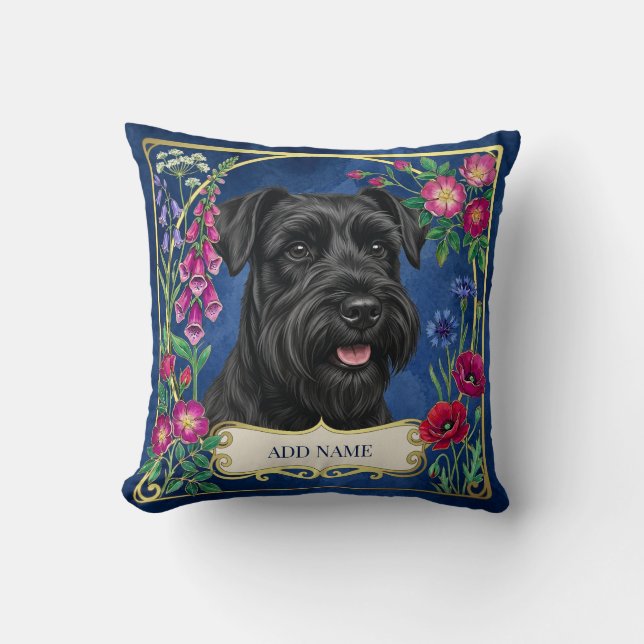 Miniature Schnauzer noir sur coussin bleu (Recto)