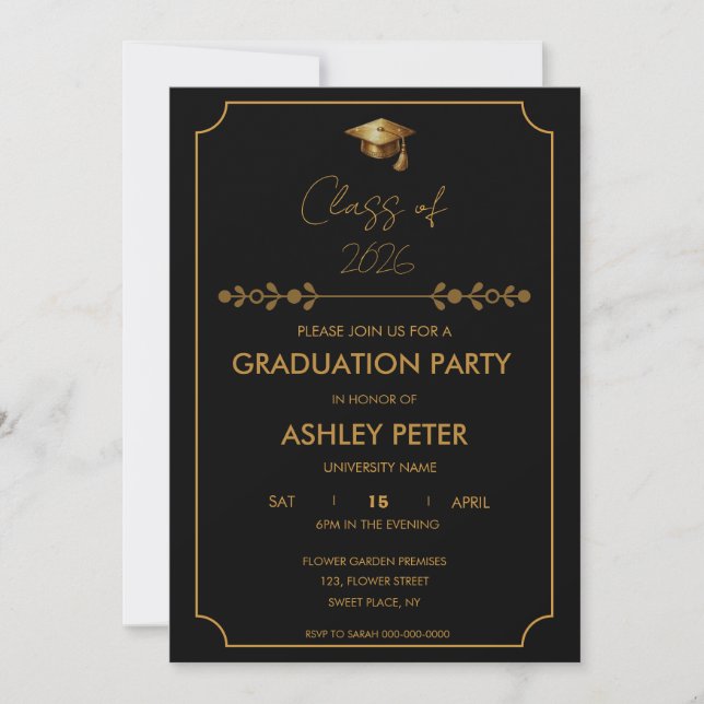 Minimal Classy Black & Gold Grad Party Invitation (Devant)