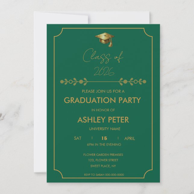 Minimal Classy Green & Gold Grad Party Invitation (Devant)