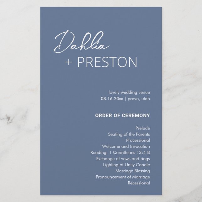 Minimal Dusty Blue Modern Wedding Programme (Devant)