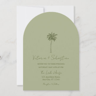 Minimal Green Palm Tree Beach Wedding Invitation