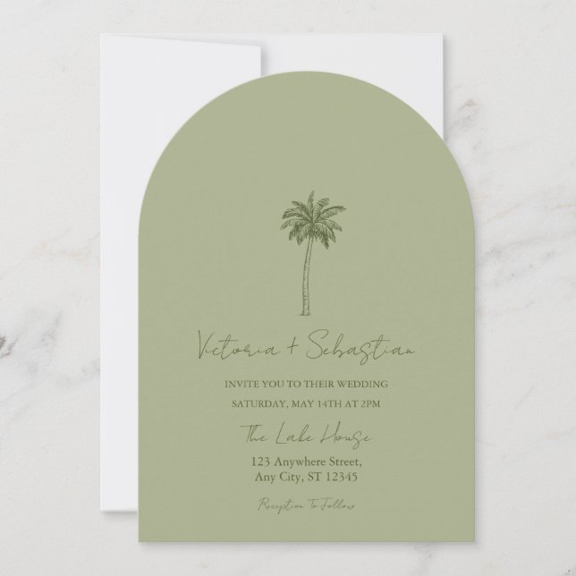 Minimal Green Palm Tree Beach Wedding Invitation (Devant)