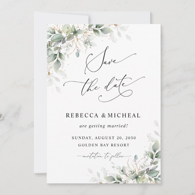 Minimal Greenery Wedding Save The Date Invitation (Devant)