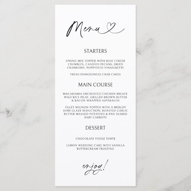 Minimal Heart Menu Card Reception Formal Dinner  (Devant)