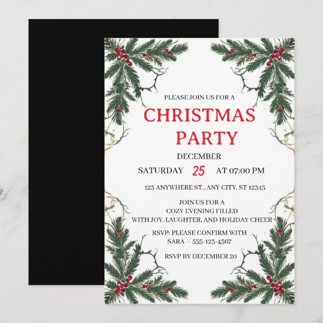 Minimal Holiday Greenery Party Invitation (Devant / Derrière)