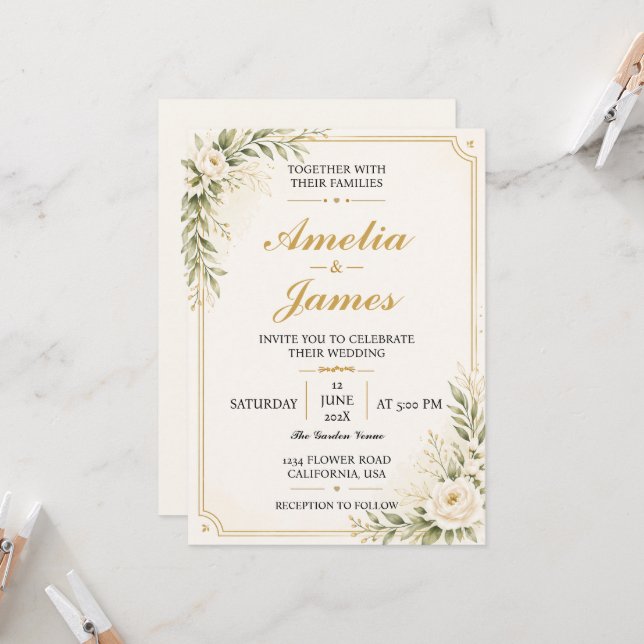 Minimal Modern Gold Wedding Invitation Elegant  (Devant/Arrière en situation)