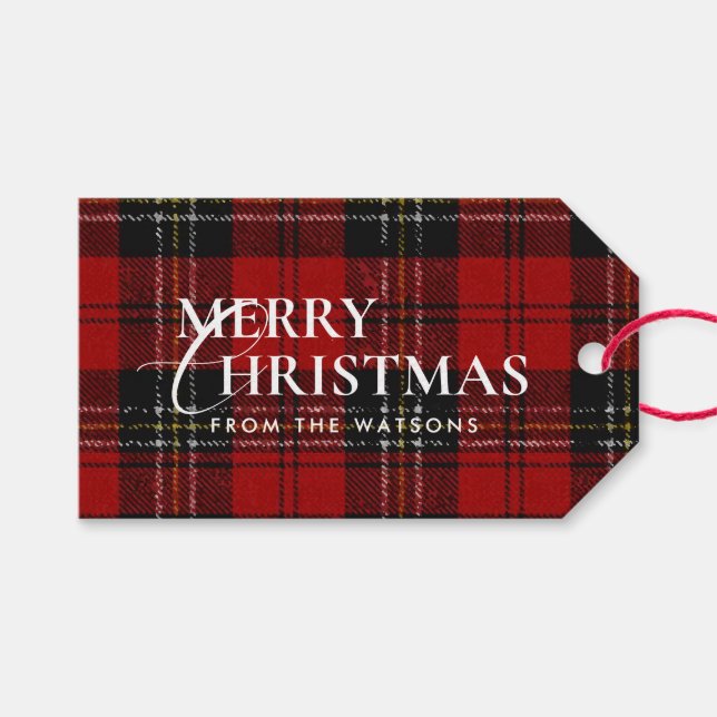 Minimal Moderne Étiquette Noël en Tartan Rouge (Devant (Horizontal))