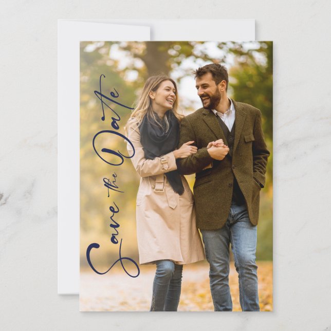 Minimal Navy Photo Wedding Save The Date Card (Devant)