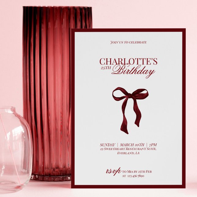 Minimal Red & Burgundy Bow Birthday Invitation (Créateur téléchargé)