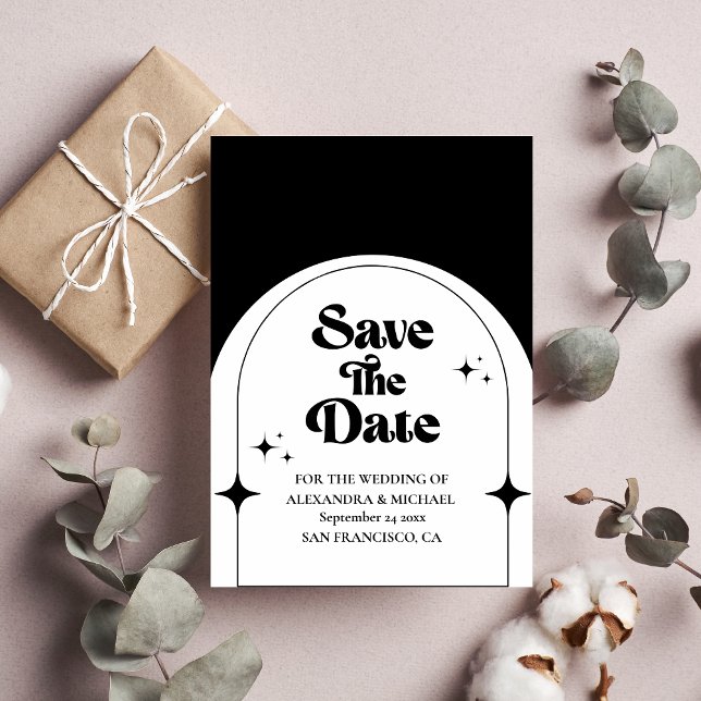 Minimal Retro Arch Noir et Blanc Save The Date (Créateur téléchargé)