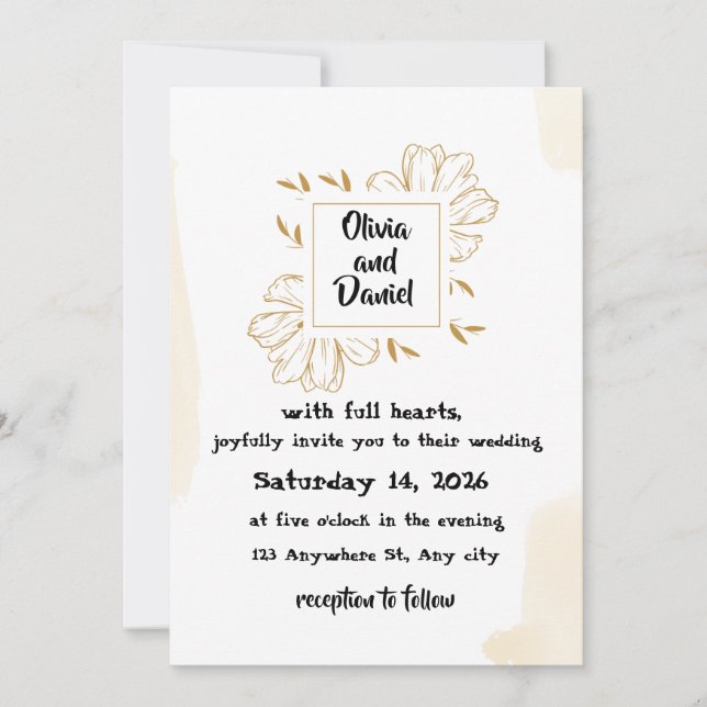 Minimalist Beige Gold Dahlia Wedding Invitation (Devant)
