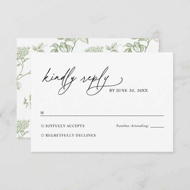 Minimalist Black and White Green Wedding RSVP Card (Devant / Derrière)