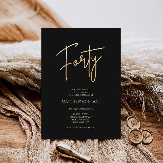 Minimalist Black Gold 40th Birthday Invitation (Luxury Black Gold FORTY 40th Birthday Invitation for Her or Him)