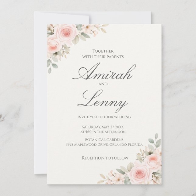 Minimalist Blush Pink Floral Wedding Invitation (Devant)