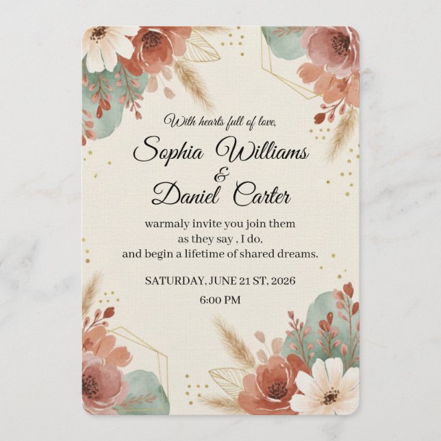 minimalist Boho Floral Wedding Invitation card (Devant)