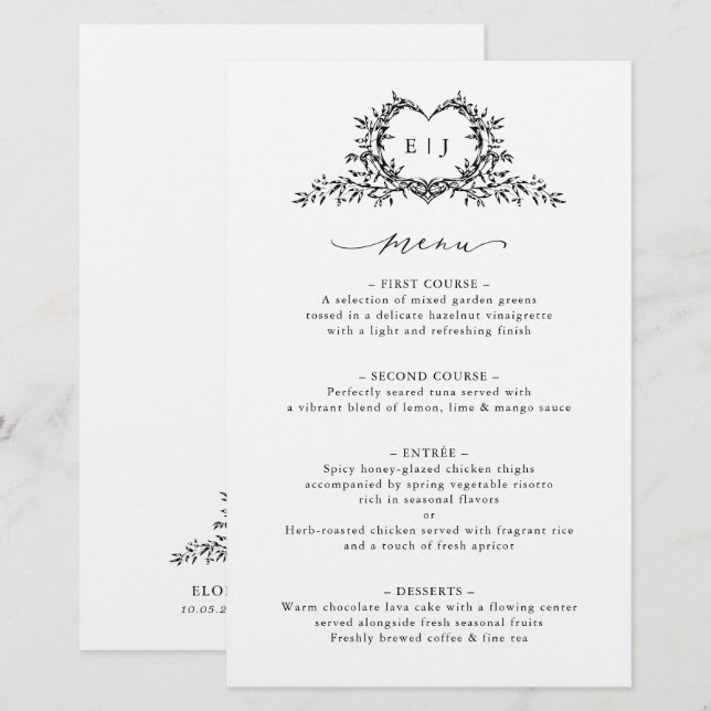 Minimalist Calligraphy Crest monogram Wedding Menu (Devant / Derrière)