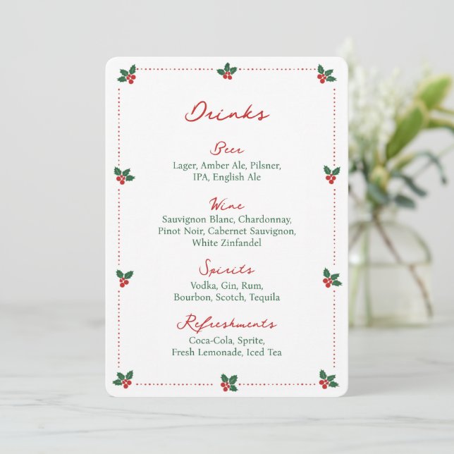 Minimalist Christmas Holly Drink Bar Menu Sign  (Debout devant)