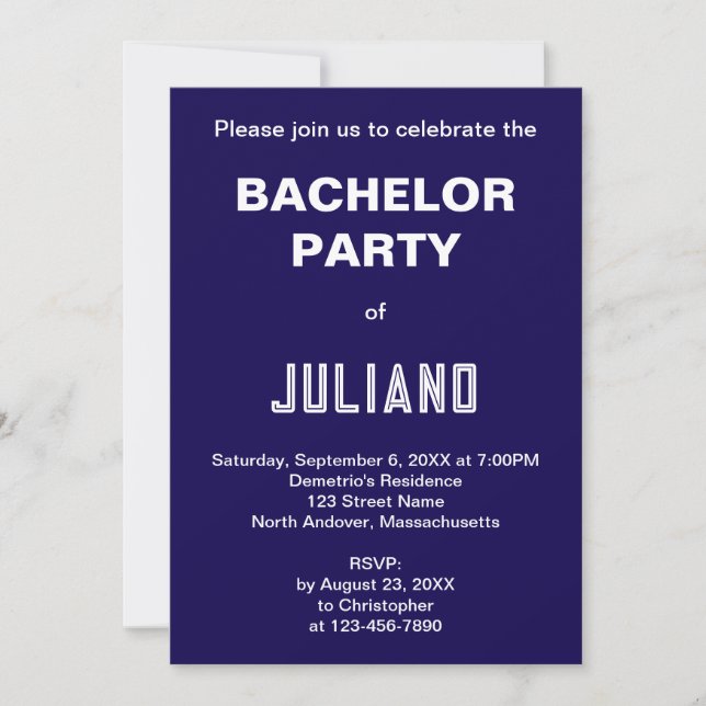 Minimalist Dark Blue Bachelor Party Invitation (Devant)