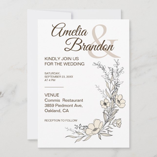 Minimalist Floral Line Art Wedding Invitation (Devant)