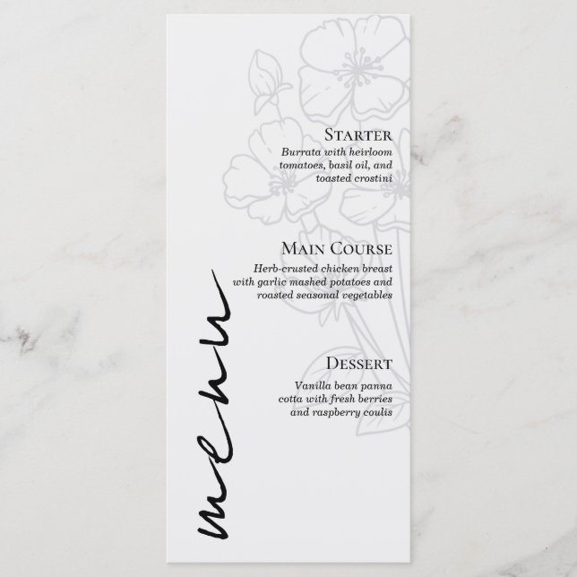 Minimalist Floral Line Art Wedding Menu Card (Devant)