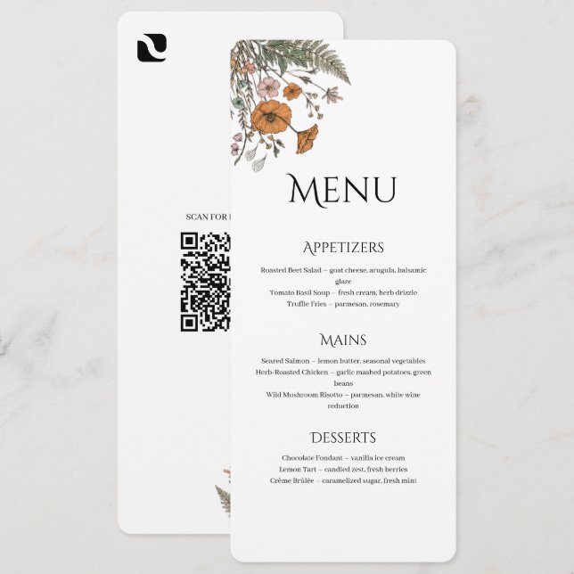 Minimalist Floral Restaurant Or Wedding Menu (Devant / Derrière)