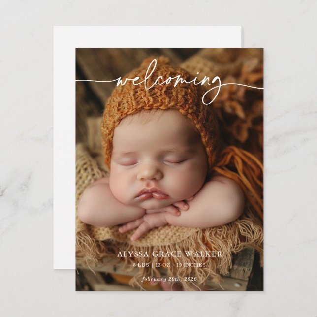 Minimalist Formal Welcoming Baby Announcement card (Devant / Derrière)