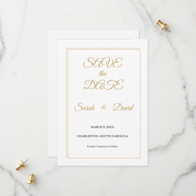 Minimalist Gold Border Save the Date Card (Devant/Arrière en situation)