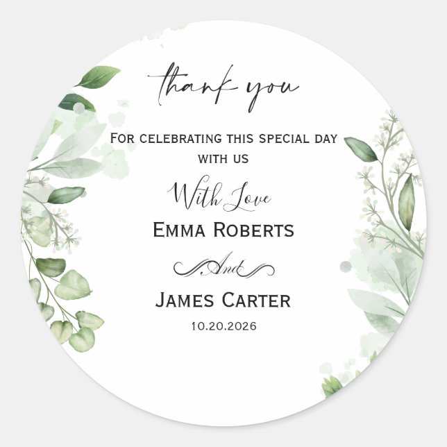 Minimalist Greenery Thank You Round Sticker (Devant)