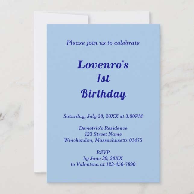 Minimalist Light Blue Kids Birthday Invitation (Devant)