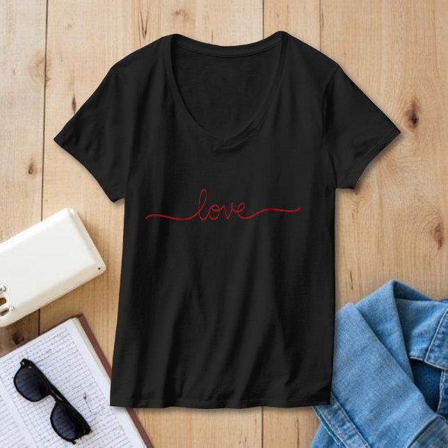 Minimalist Red Love Script Black V-Neck T-Shirt (simple red one line "love" in elegant script)