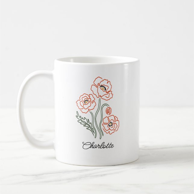 Minimalist Red Poppy Line Art Custom Name Mug (Gauche)