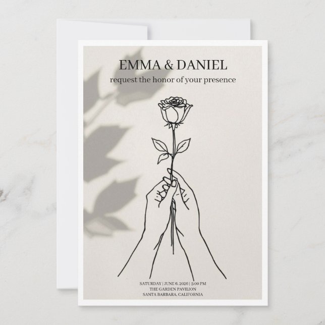 Minimalist Rose Line Art Wedding Invitation (Devant)