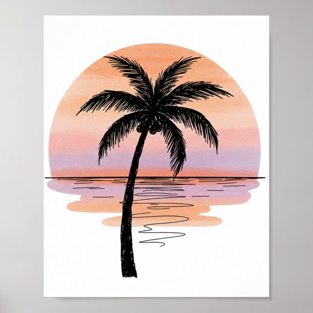 Minimalist Sunset Beach Poster – Palm Tree Ocean (Devant)
