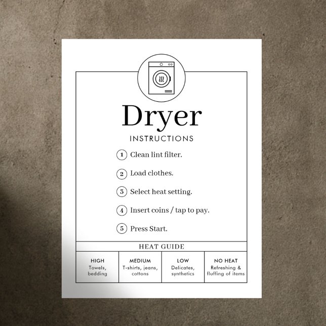 Minimalist Tumble Dryer Instructions Sign Poster (Créateur téléchargé)