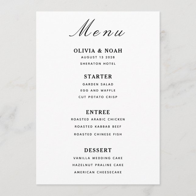 Minimalist Wedding Black & White Menu Card  (Devant)