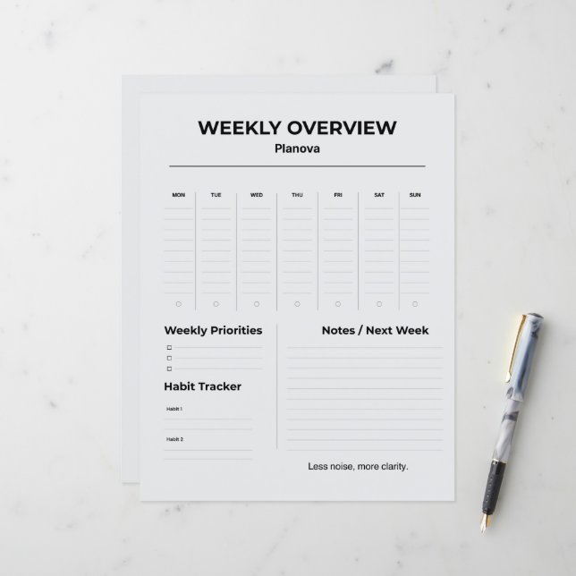 Minimalist Weekly Planner | Weekly Tasks Organizer (Devant/Arrière en situation)