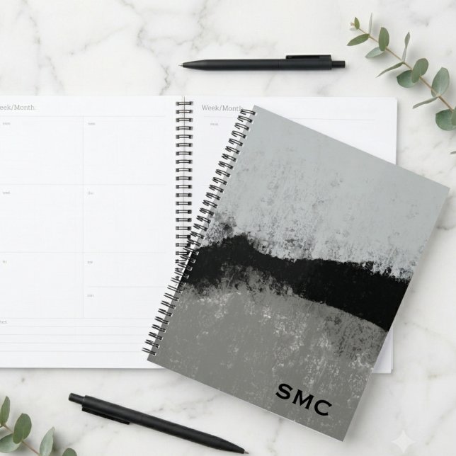 Minimaliste Abstrait Brosse Noir et Gris (Sleek black and grey abstract planner for professionals to stay organized and stylish.)