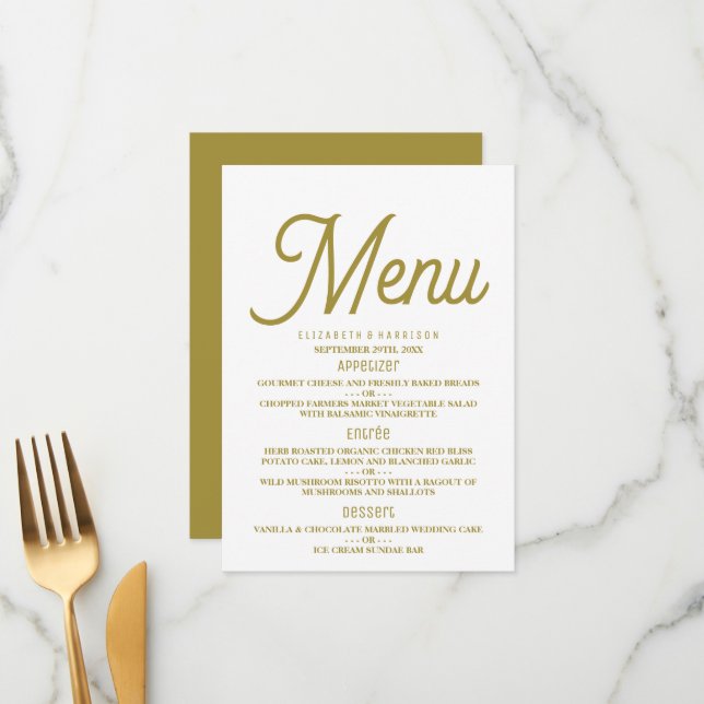 Minimaliste - Blanc & Or - Menu Mariage (Devant/Arrière en situation)