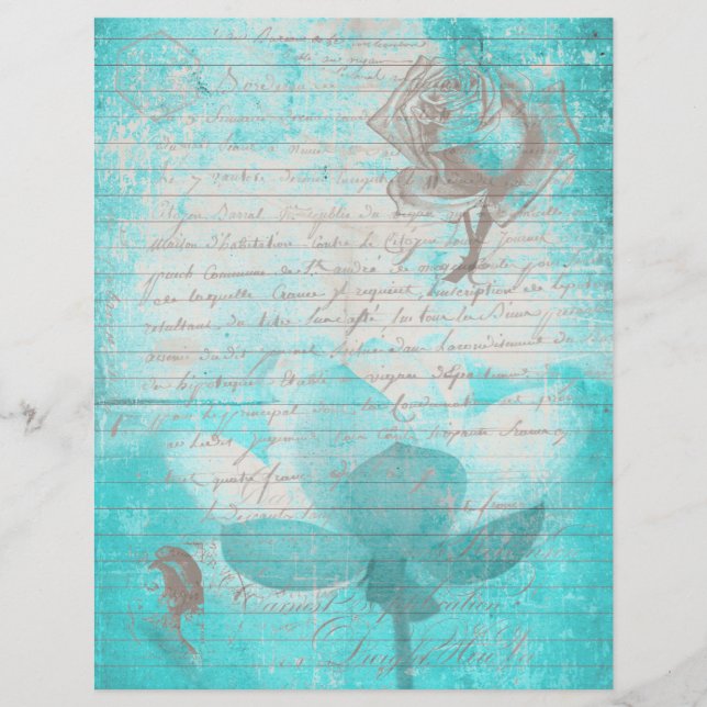 Mint blue old handwritting paper and flowers (Devant)