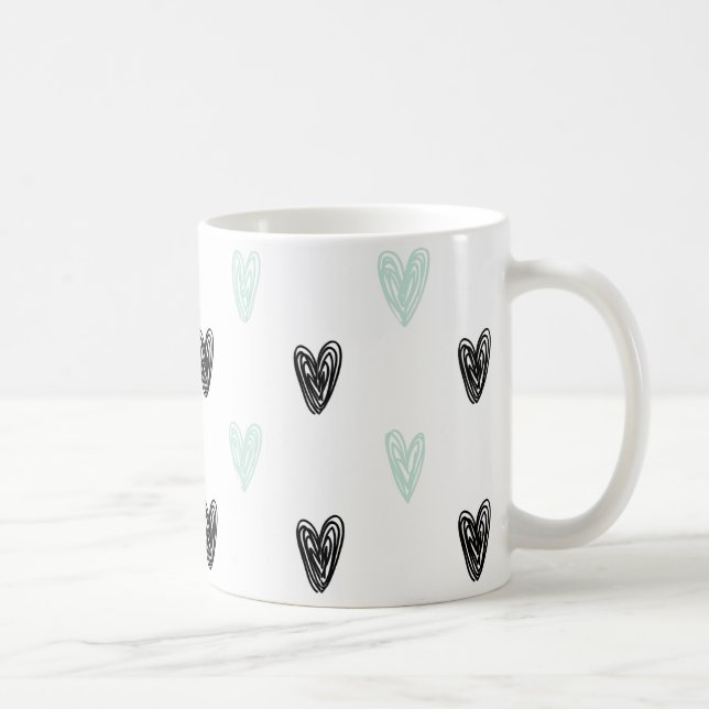 Mint & Coeurs noirs Doodles Motif Girly Mug (Droite)