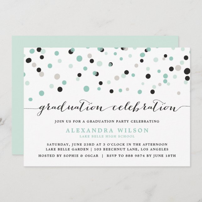 Mint Confetti Dots Graduation Party Invitation (Devant / Derrière)