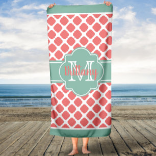 Mint Coral Marocain Monogramme Serviette de bain